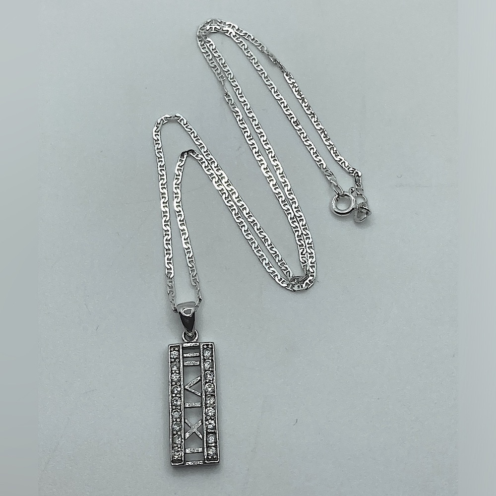 VTG Roman Numerals Cz Sterling Silver Pendant & Chain 2 16 12 June 2 2012 - 16”